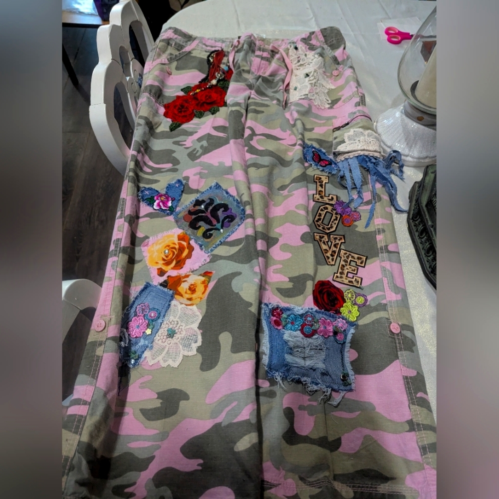 Camouflage/Pink Patchwork Pants, Handcrafted By Me, Floral, letter Embellishment